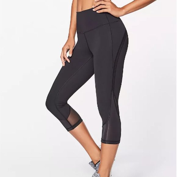 Lululemon Black SET Long-Sleeved Top + Cropped Legging Tight Sheer Panels MINT - Picture 2 of 9